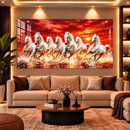7 Horses South Facing Red Background Vastu Acrylic Wall Art