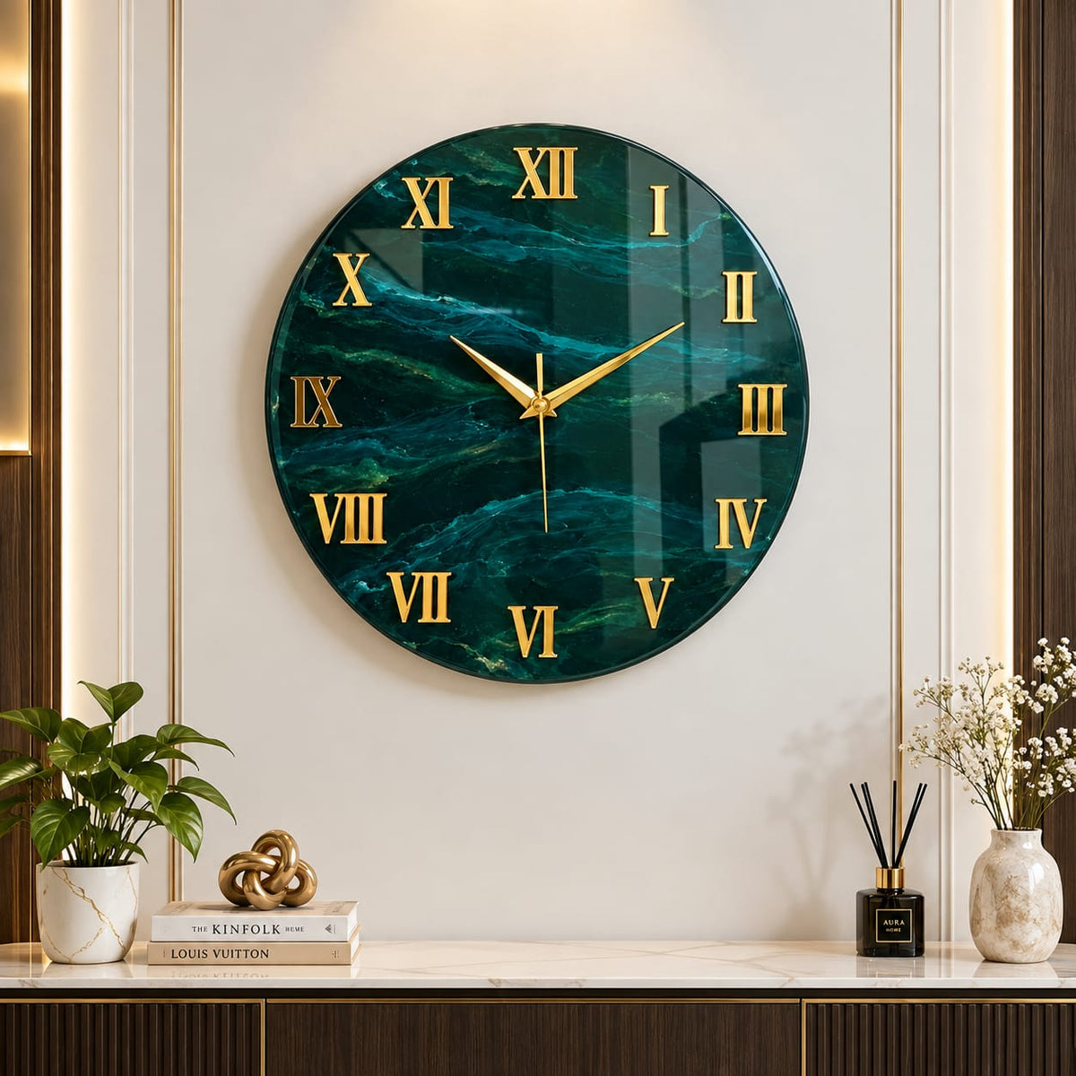 Roman Number Green Acrylic Premium Circular Vastu Wall Clock | UV Printed