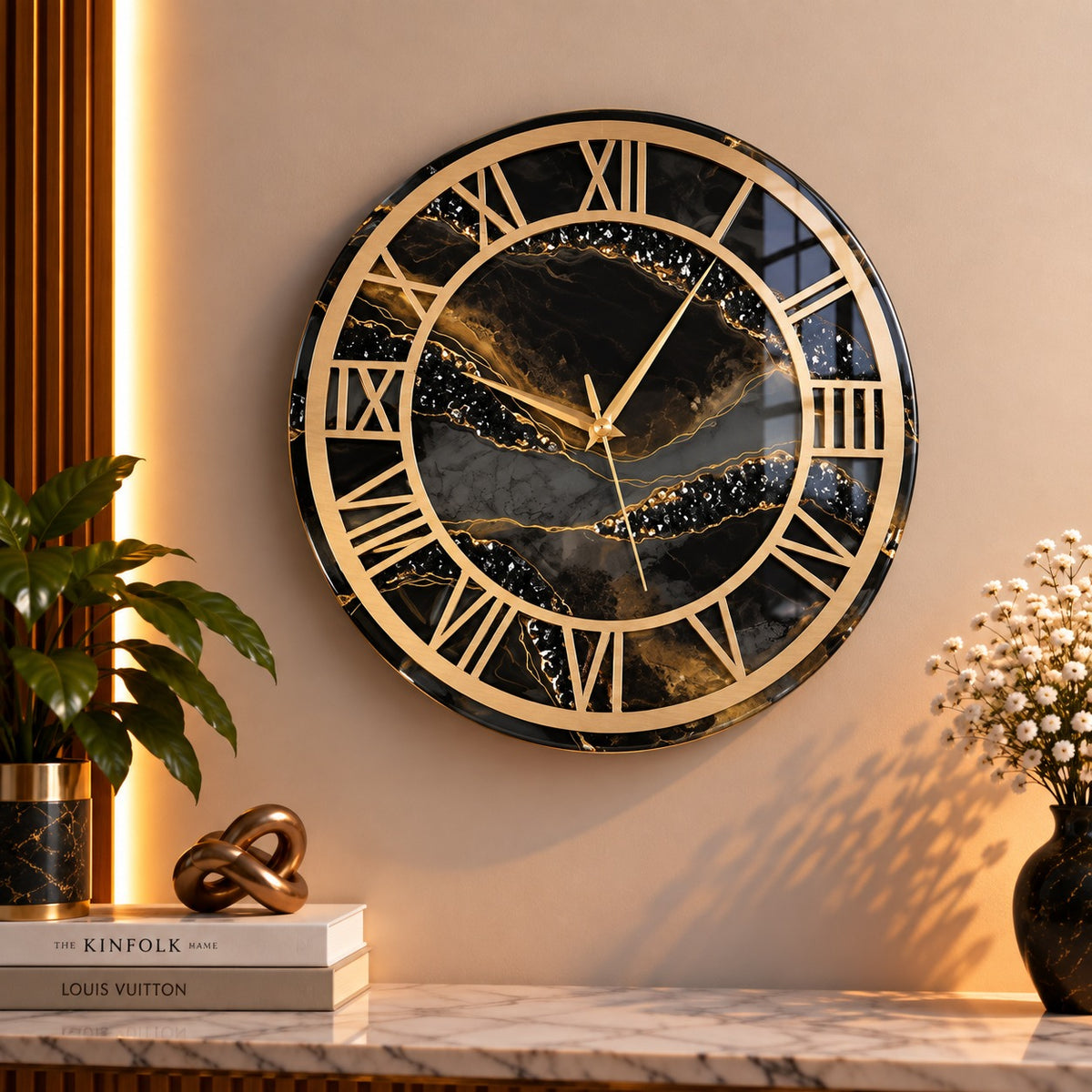 Wooden Textured Round Panel Vintage Premium Acrylic Clock – Black Marble Roman Dial UV Printed