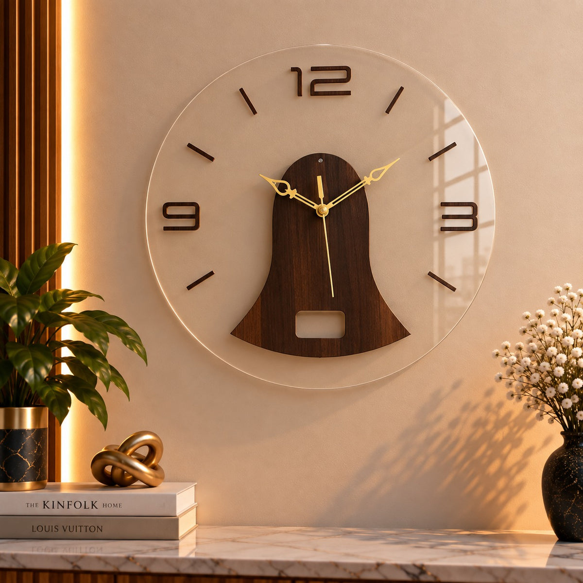 Wooden Textured Circular Panel Premium Acrylic Clock – UV Printed