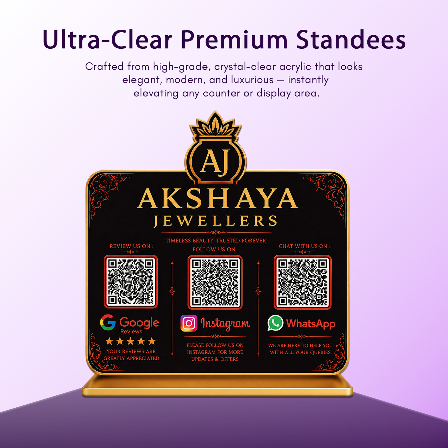 3QR Black Standee with Golden Borders