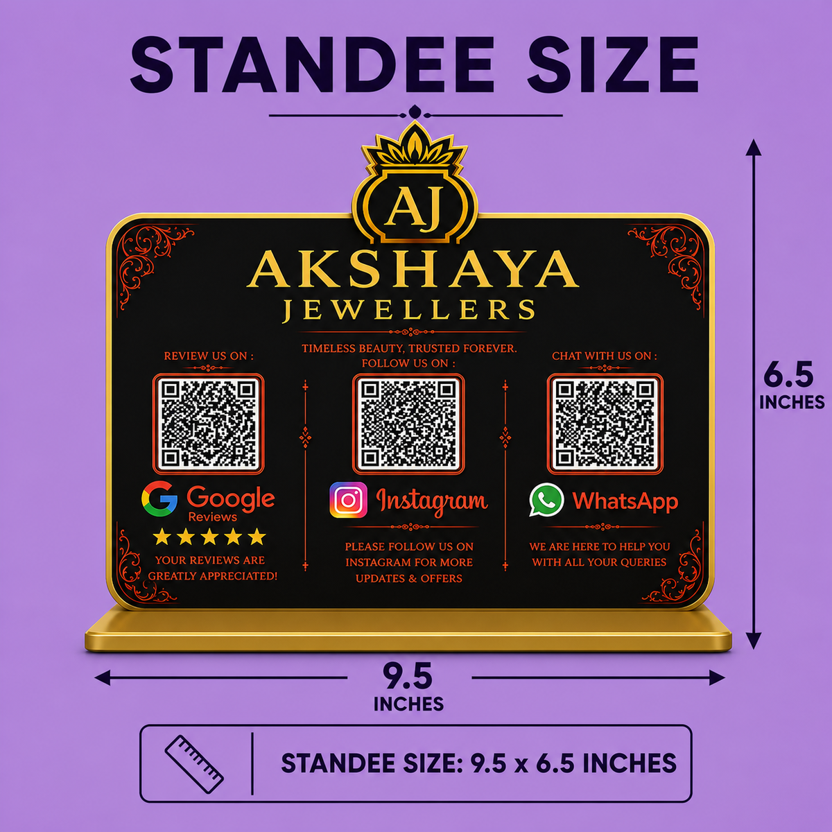 3QR Black Standee with Golden Borders