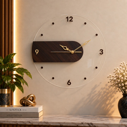 Wooden Textured Half Panel Acrylic Wall Clock - UV Printed