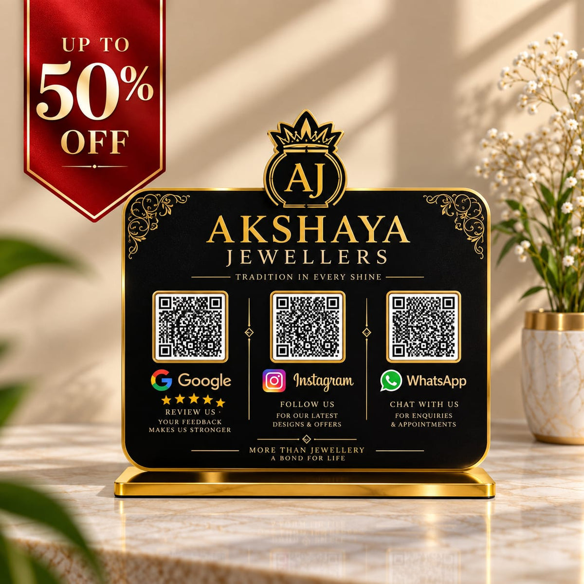 3QR Black Standee with Golden Borders