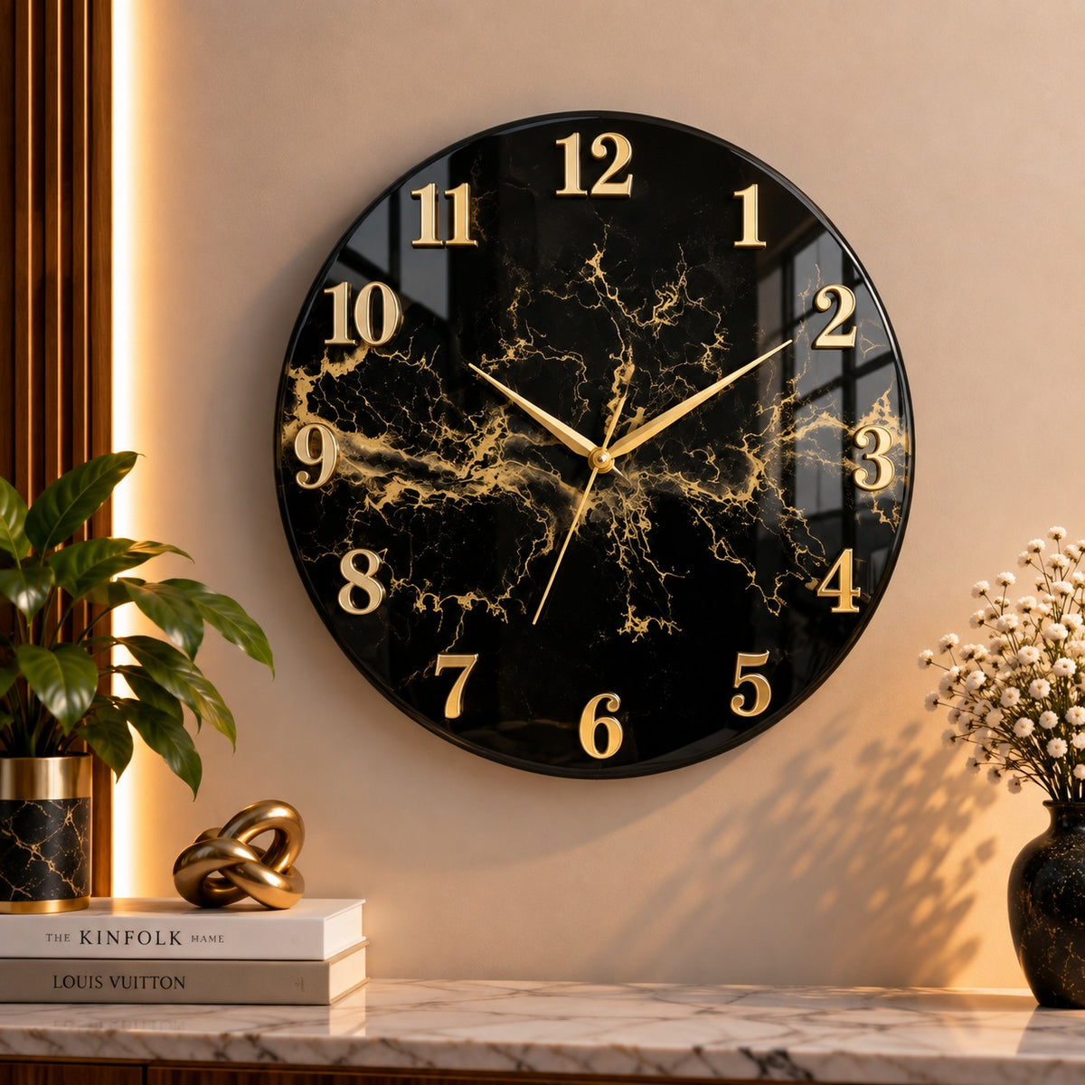 Wooden Textured Circular Panel Premium Acrylic Clock – Black & Gold Marble UV Printed
