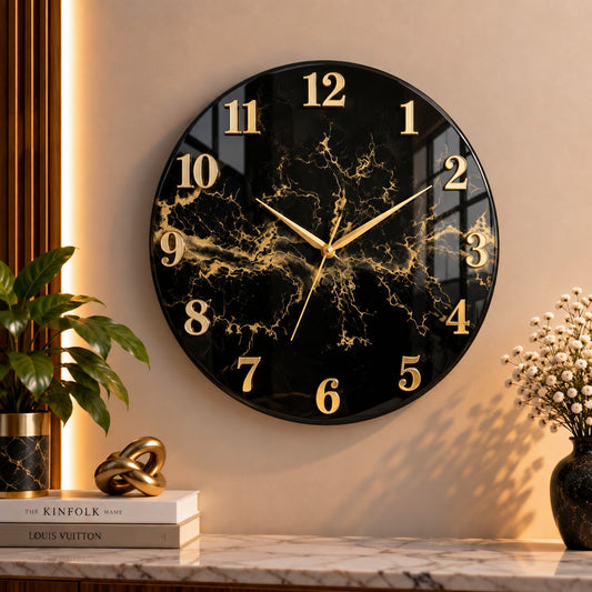 Wooden Textured Circular Panel Premium Acrylic Clock – Black & Gold Marble UV Printed