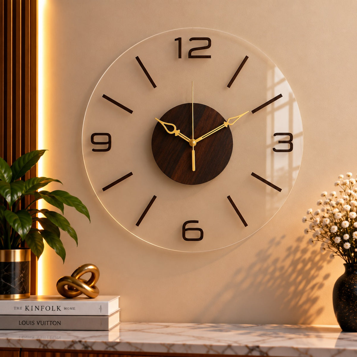 Wooden Textured Full-Round Panel Premium Acrylic Clock – UV Printed