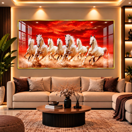 7 Horses South Facing Red Background Vastu Acrylic Wall Art