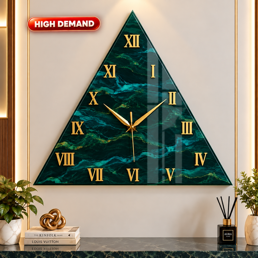 Roman Number Green Acrylic Premium Triangular Vastu Wall Clock - UV Printed
